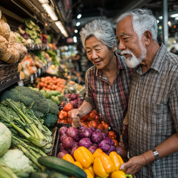 Adultos mayores disfrutando comida saludable