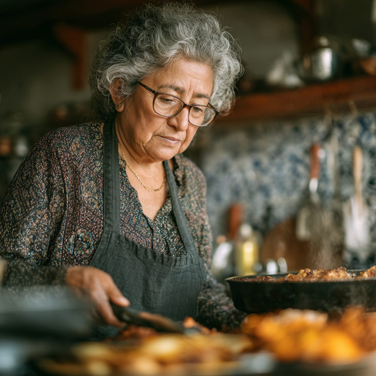 Pareja de adultos mayores cocinando juntos